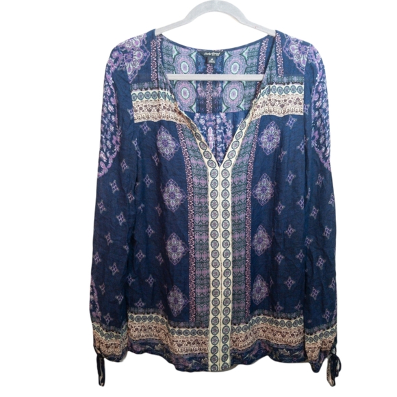 Lucky Brand Tops - Lucky brand.  Blue and purple patterned long sleeved blouse with tie sleeves